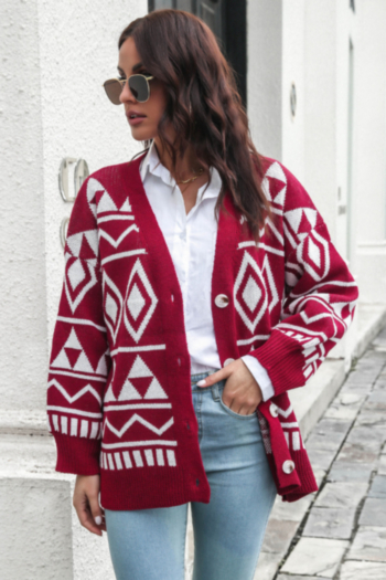 new stylish autumn single-breasted geometric lantern sleeve knit sweater jacket