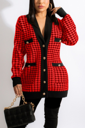 autumn new stylish plus size single-breasted houndstooth stretch pocket casual jacket