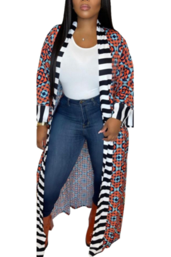 autumn new stylish geometric batch printing plus size loose casual long jacket