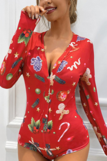 Autumn new stylish Christmas pattern batch printing single breasted stretch casual bodysuit