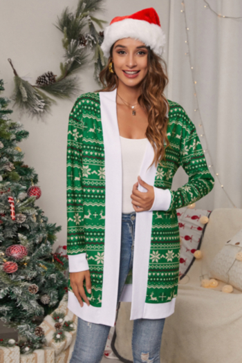 christmas style plus size three colors batch printing spliced stretch casual minimalist cardigan jacket (without hat)