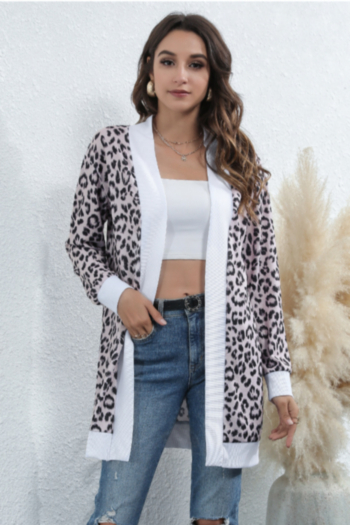 winter plus size leopard printing spliced stretch casual minimalist cardigan jacket