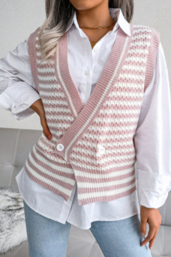 autumn new stylish stretch stripe loose double-breasted v-neck knitted sweater vest