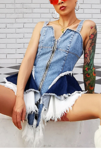 summer new style stylish denim patchwork zip-up inelastic plus size high quality sling blouse