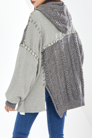 Winter new stylish loose zip-up high quality hooded pocket patchwork casual cardigan sweater