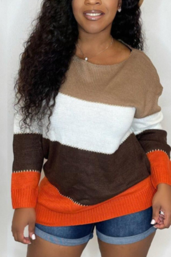 contrast color streak new stylish autumn round neck stretch casual knitting sweater