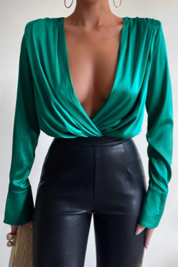 Early autumn contrast color long sleeve shoulder pads V-neck pleated button stretch sexy bodysuit