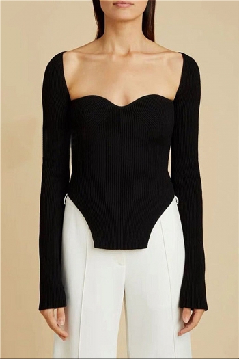 autumn solid color ribbed knit stretch square-neck low-cut stylish exquisite high quality top