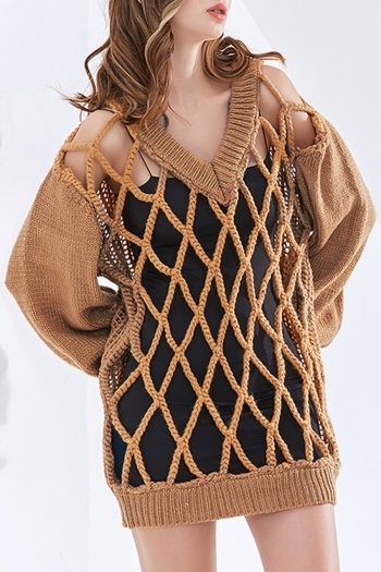 winter new solid color hollow knitted stretch v-neck stylish personality high quality sweater