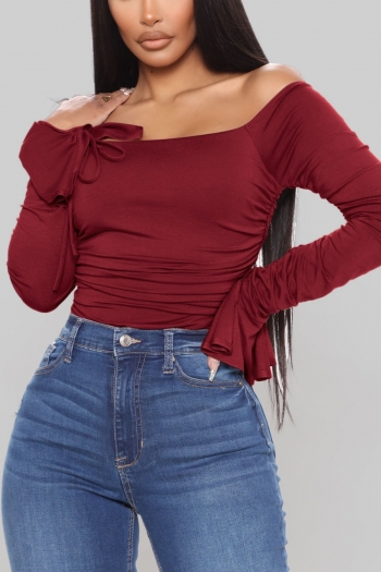 Autumn new stylish simple stretch solid color plus size off-shoulder pleated casual bodysuit
