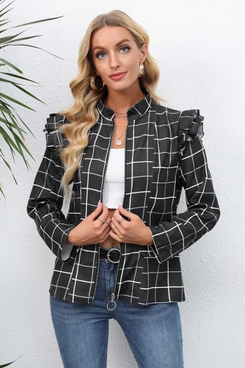 winter new plus size lattice printing inelastic zip-up ruffle stylish jacket 2#