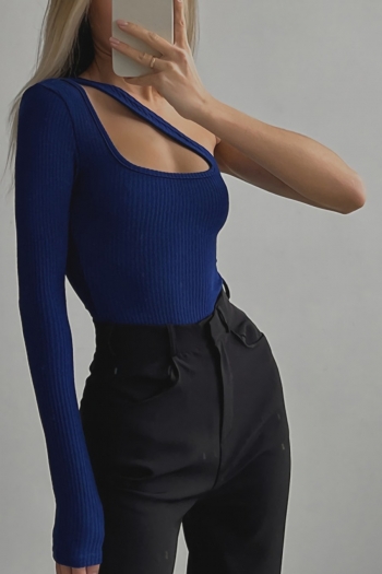 Spring & summer solid color one-shoulder long sleeve cutout slim stretch sexy bodysuit