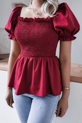 spring new stylish solid color stretch lantern sleeve ruffle casual blouse