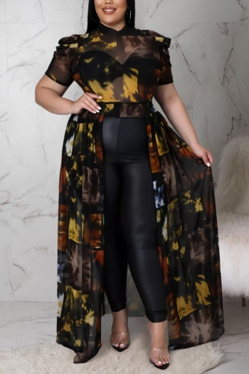 xl-5xl plus size spring new stylish batch printing mesh see-through inelastic pleated sexy top