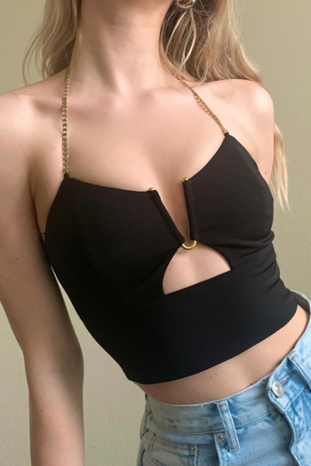 Spring&summer new stylish simple solid color stretch hollow metal chain halter neck backless sexy vest