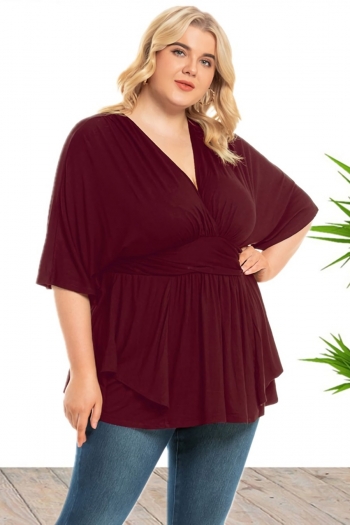 XL-5XL plus size spring new stylish simple solid color v-neck pleated stretch loose casual top
