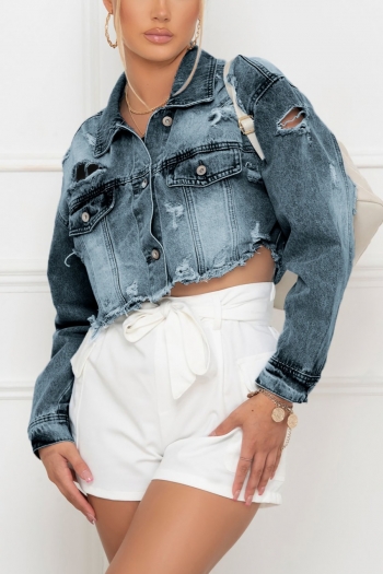 spring new stylish ripped micro-elastic single-breasted plus size gradient color casual denim jacket