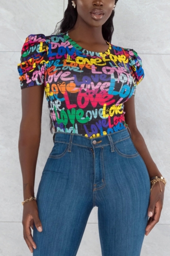 summer new stylish simple letters multicolor batch printing stretch casual bodysuit