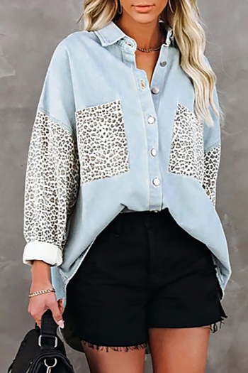 spring new stylish leopard batch printing patchwork single-breasted contrast color pocket loose plus size casual shirt