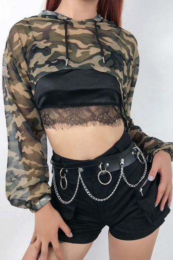 spring new stylish camo batch printing hooded loose stretch mesh see through sexy top(without lining)