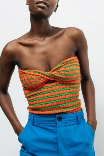 summer new stylish stretch colorful striped knitted off-the shoulder hollow bandeau sexy vest top