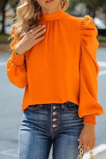 casual plus size slight stretch orange 5 colors puff sleeve lace-up shirt