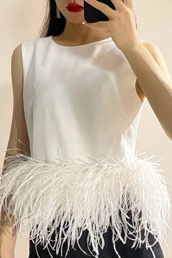 summer new stylish simple solid color micro-elastic zip-up feather sleeveless high-quality top