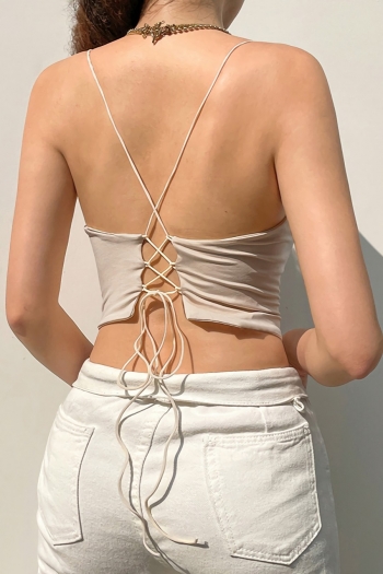 Summer new stylish simple solid color sling stretch backless lace-up sexy vest