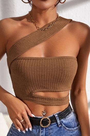 summer new stylish simple solid color stretch slim one-shoulder hollow ribbed knit sexy vest