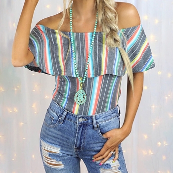 summer new stylish stripe batch printing stretch off-shoulder plus size casual top