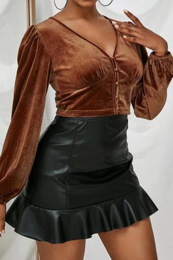 xs-l spring new stylish simple solid color velvet single-breasted v-neck micro elastic puff sleeve casual top
