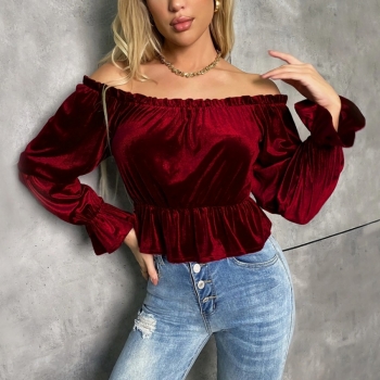 xs-l spring new stylish simple solid color off-shoulder velvet micro-elastic casual top