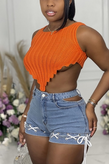 Summer new solid color orange knitted stretch stylish cropped vest (without shorts)