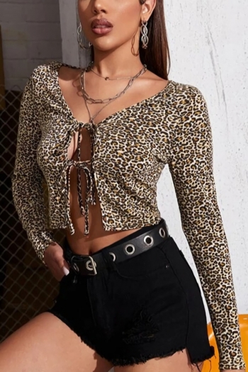 xs-l spring new stylish simple leopard batch printing stretch hollow lace-up sexy top