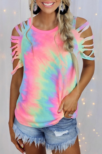 summer new stylish tie dye batch printing hollow hole stretch 6 colors plus size casual top