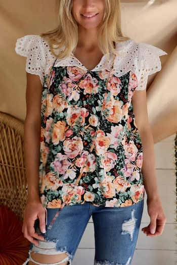 summer new stylish lace patchwork contrast color flower batch printing inelastic plus size casual top