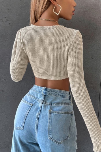 Spring new stylish 3 colors solid stretch square neckline long sleeves knitted sexy crop top