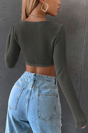 Spring new stylish 3 colors solid stretch square neckline long sleeves knitted sexy crop top
