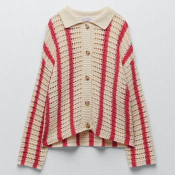 Spring striped hollow knitted stretch single-breasted turndown collar stylish high quality sweater jacket (only jacket)