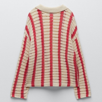 Spring striped hollow knitted stretch single-breasted turndown collar stylish high quality sweater jacket (only jacket)