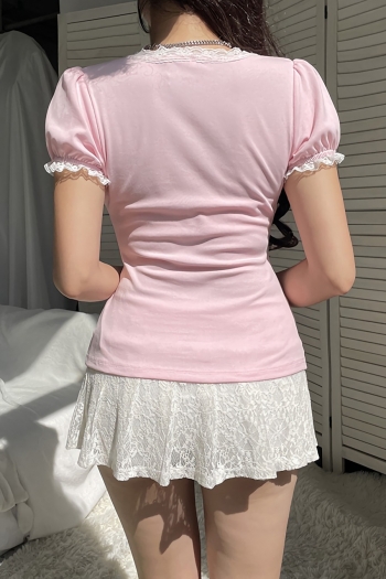Summer new stylish simple lace patchwork stretch slim bow casual top
