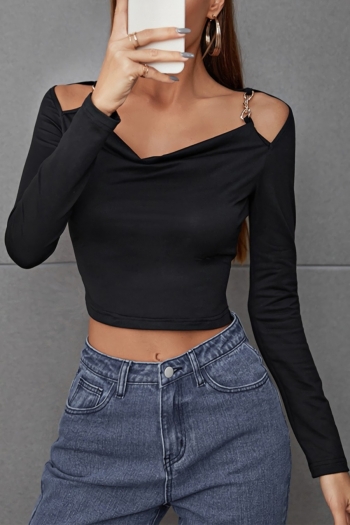 Spring new stylish solid color stretch long sleeves metal-chain hollow sexy crop top