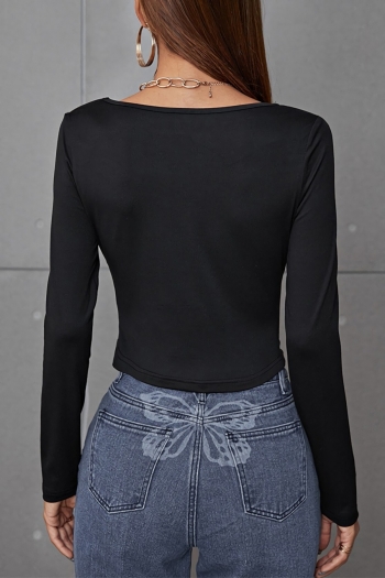 Spring new stylish solid color stretch long sleeves metal-chain hollow sexy crop top