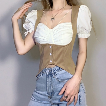 Summer new stylish fake two-piece set patchwork contrast color single-breasted micro elastic irregular top