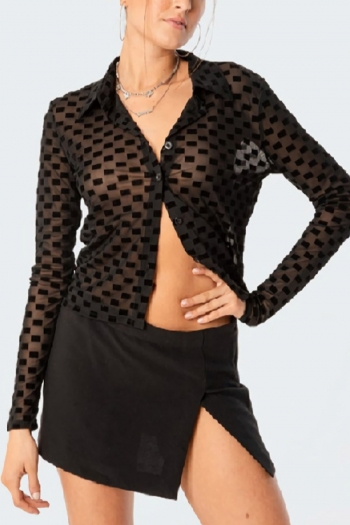 Spring new stylish mesh flocking plaid patchwork inelastic single-breasted see-through sexy shirt