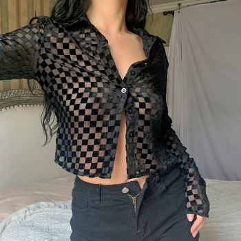 Spring new stylish mesh flocking plaid patchwork inelastic single-breasted see-through sexy shirt