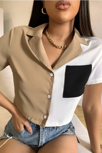 summer new stylish micro elastic contrast color spliced single-breasted pockets casual top