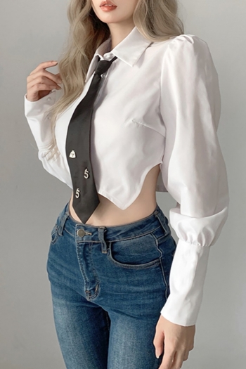 Spring new simple solid color inelastic single-breasted puff sleeves irregular stretch shirt(with tie)