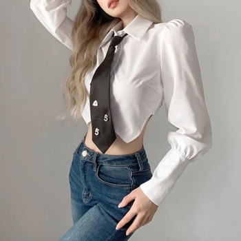 Spring new simple solid color inelastic single-breasted puff sleeves irregular stretch shirt(with tie)