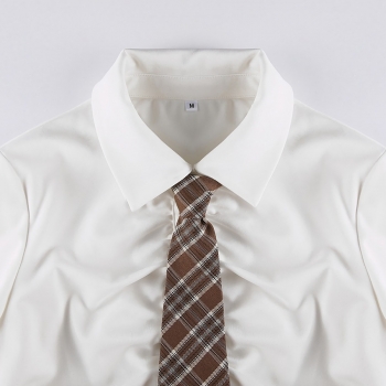 Spring new simple solid color inelastic single-breasted pleated irregular stylish shirt(with tie)